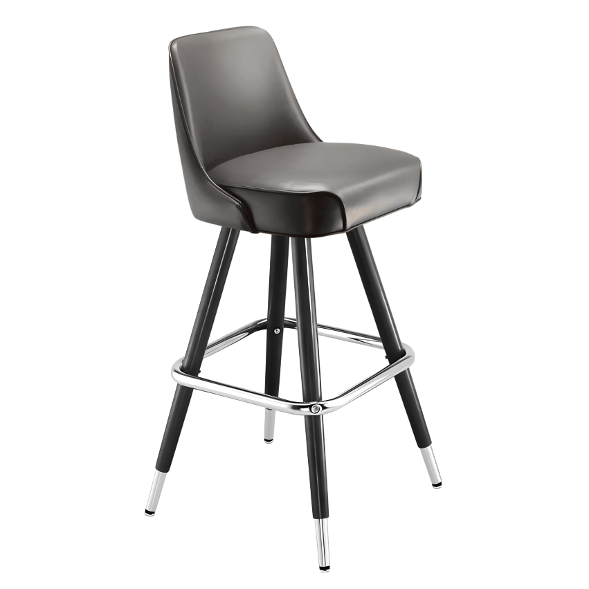 Dark gray bar stool with padded seat, black metal legs, and chrome footrest