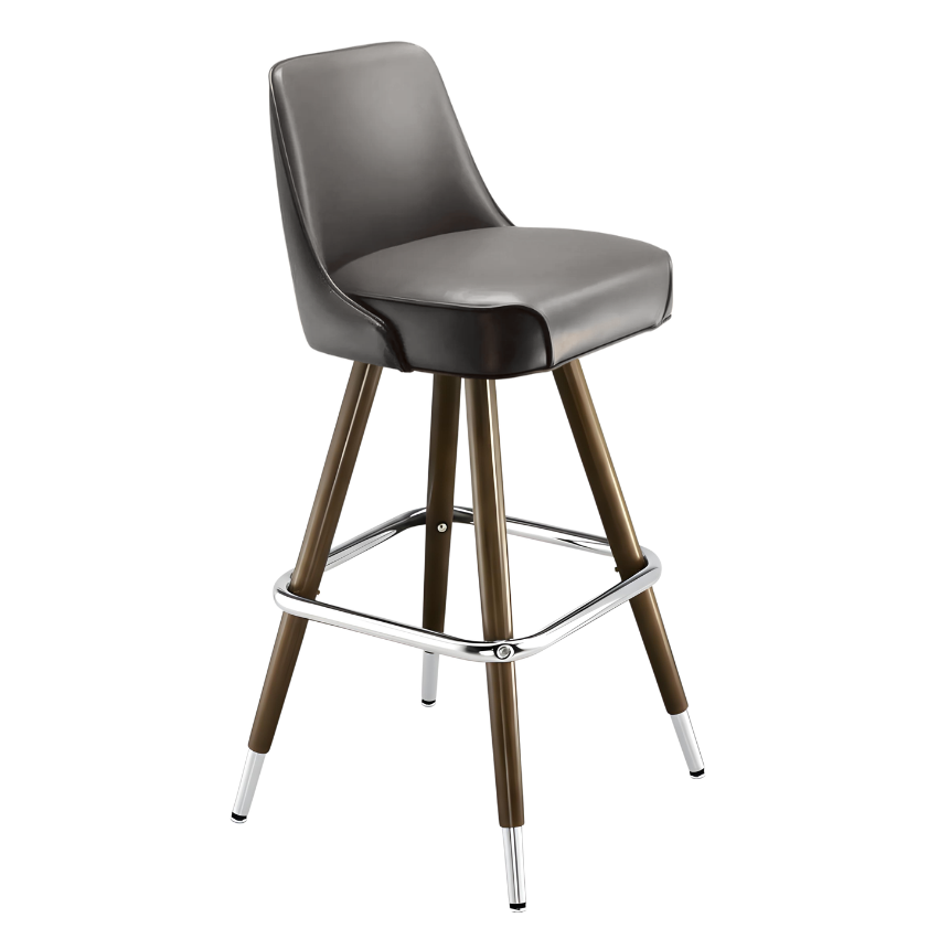 Stone bar stool with padded seat, straight wood legs, and chrome footrest