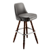 Gray bar stool with padded seat, decorative turned wood legs, and chrome footrest