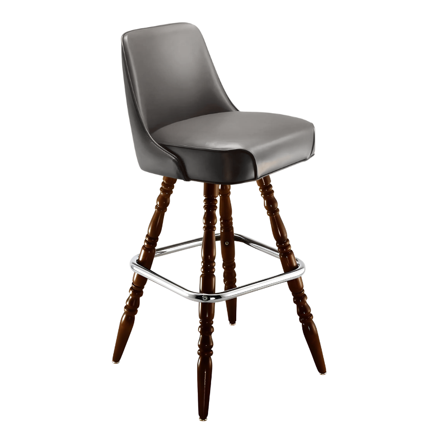 Gray bar stool with padded seat, decorative turned wood legs, and chrome footrest