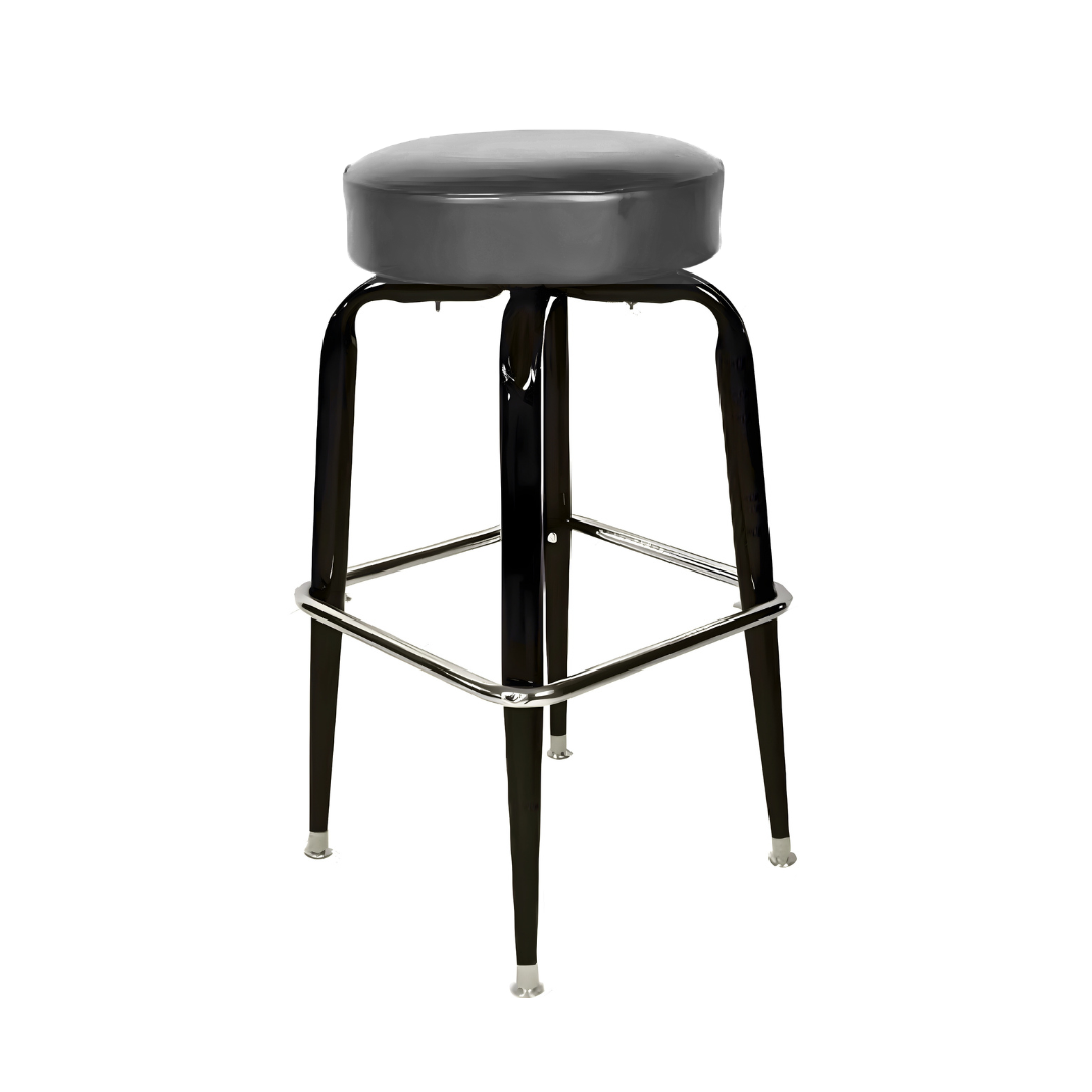 Stone Grey Crossover Bar Stool by Social Design Supply Co: A modern sculptural steel bar stool with a padded round seat and refined architectural frame for upscale hospitality bars