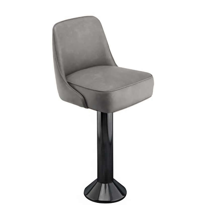 Stone Grey Ellington Bolted Floor-Mounted Counter Stool featuring a plush, upholstered seat and a heavy-duty polished black pedestal base