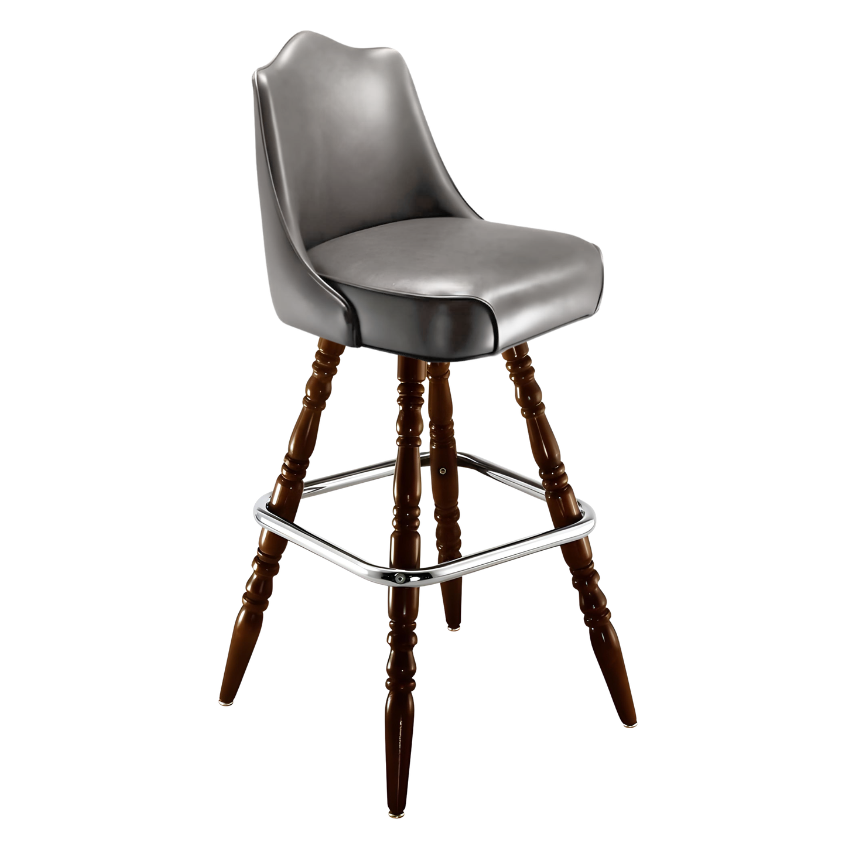 Stone Grey Kensington Crown bar stool featuring a softly arched backrest and a cushioned upholstered seat with a steady wood frame