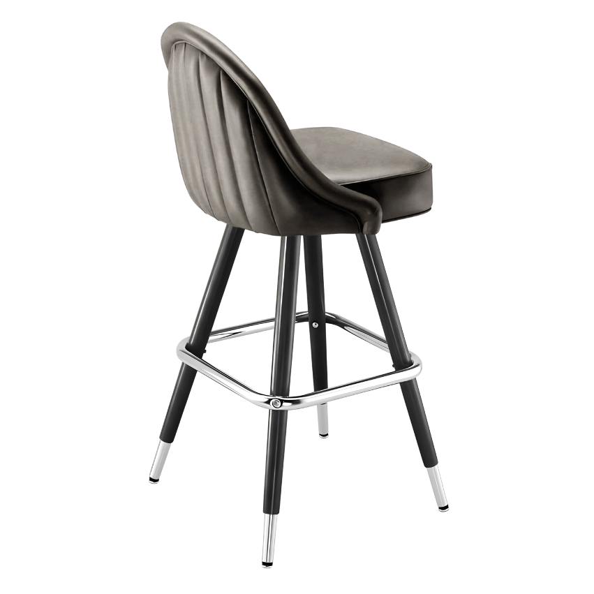 Stone Grey Marque Signature bar stool featuring a sweeping curved backrest and a refined upholstered seat with a sturdy black metal frame