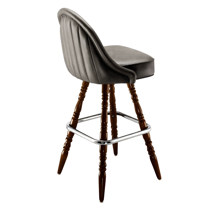 Stone Grey Marque Signature bar stool featuring a sweeping curved backrest and a refined upholstered seat with a sturdy wood frame