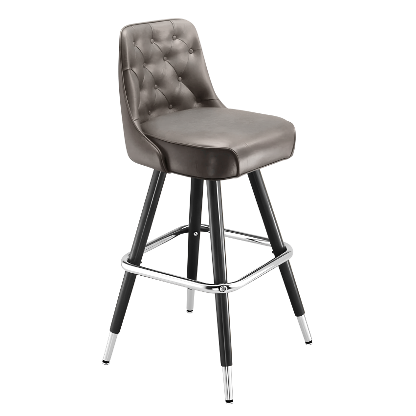 Stone Grey Monroe Tufted bar stool featuring classic button tufting and a 90-degree auto-return black metal swivel base with performance upholstery
