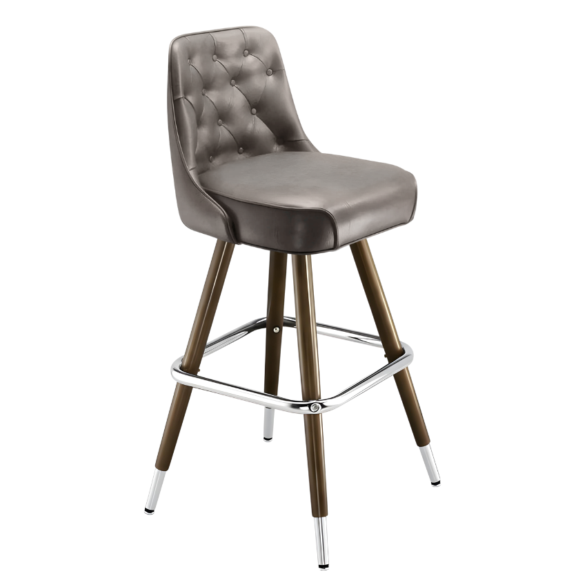 Stone Grey Monroe Tufted bar stool featuring classic button tufting and a 90-degree auto-return wood metal swivel base with performance upholstery