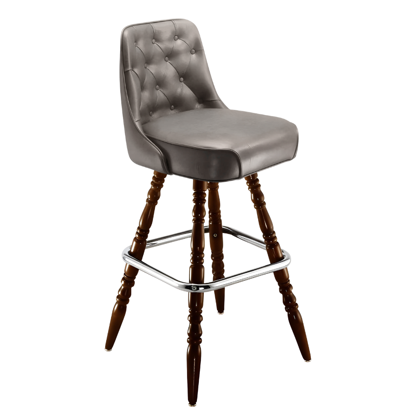 Stone Grey Monroe Tufted bar stool featuring classic button tufting and a 90-degree auto-return wood swivel base with performance upholstery