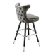 Stone Grey Prescott Cowboy bar stool featuring classic button tufting and a 90-degree auto-return black metal swivel base with performance upholstery