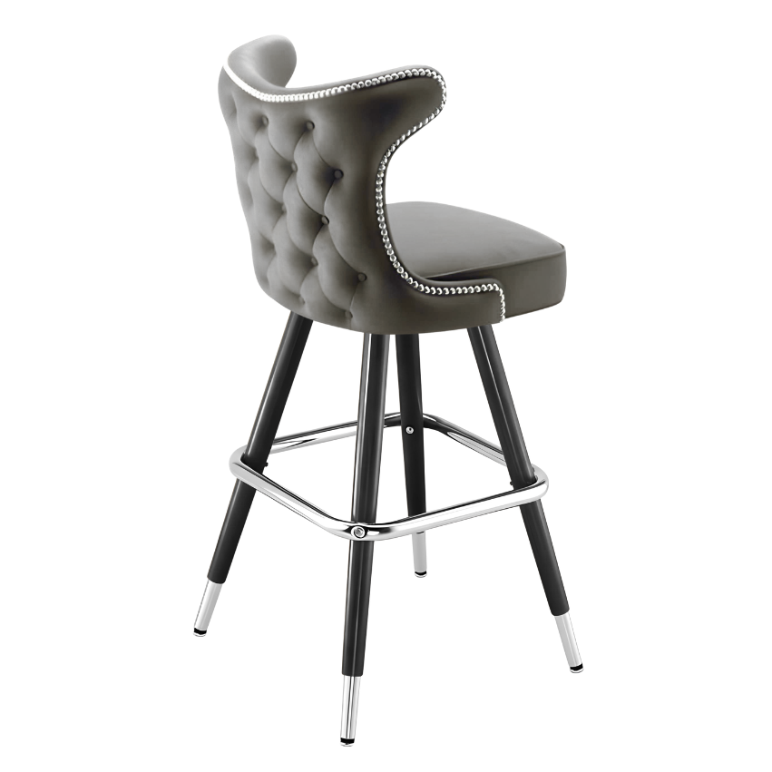Stone Grey Prescott Cowboy bar stool featuring classic button tufting and a 90-degree auto-return black metal swivel base with performance upholstery