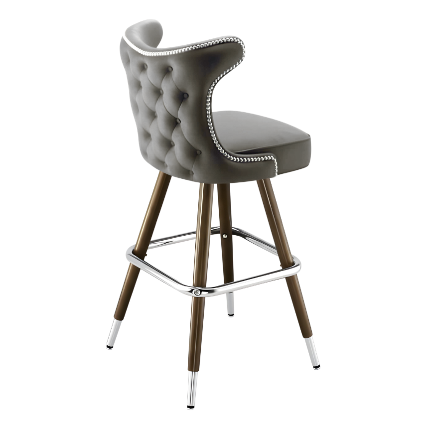 Stone Grey Prescott Cowboy bar stool featuring classic button tufting and a 90-degree auto-return wood metal swivel base with performance upholstery