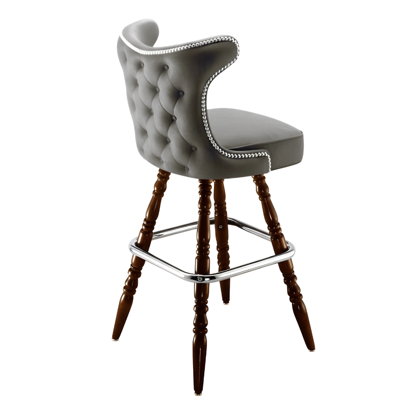 Stone Grey Prescott Cowboy bar stool featuring classic button tufting and a 90-degree auto-return wood swivel base with performance upholstery