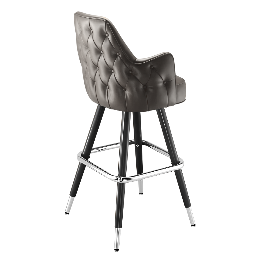 Stone Grey Regale Tufted bar stool featuring classic diamond button tufting and a structured clean-edge upholstered seat with a sturdy black metal frame