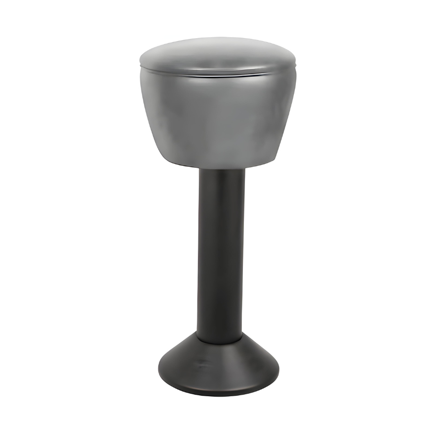 Stone Grey Regent bolted bar stool featuring a gentle upholstered seat and a permanent floor-mounted black base for dependable stability