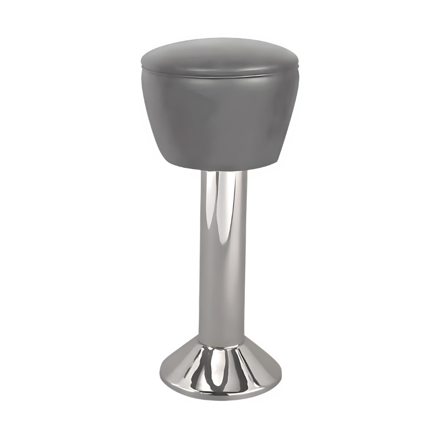 Stone Grey Regent bolted bar stool featuring a gentle upholstered seat and a permanent floor-mounted chrome base for dependable stability