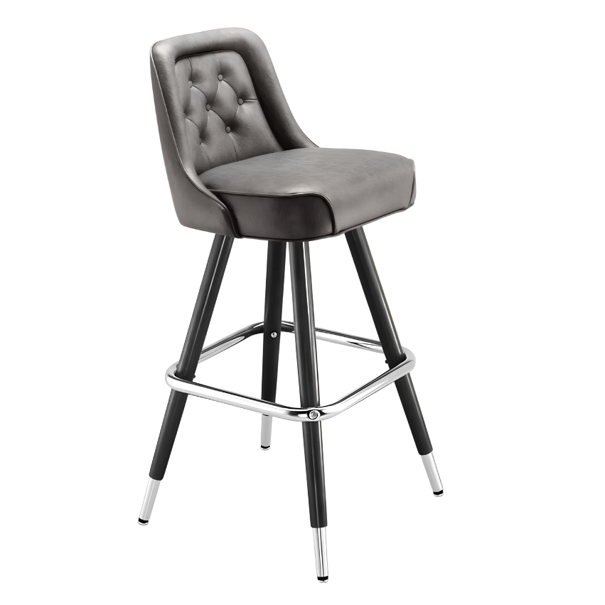 Stone Grey Royale Diamond bar stool featuring an inner-back diamond tufted design and a softly curved upholstered seat with a sturdy black metal frame