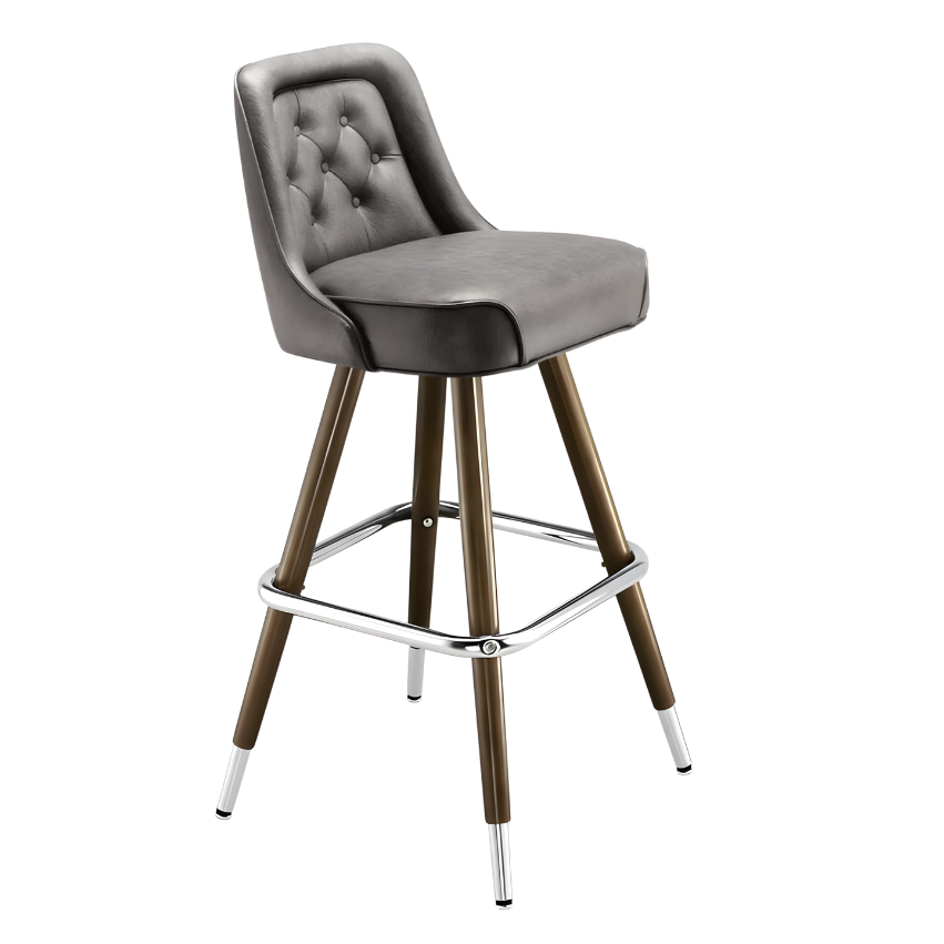Stone Grey Royale Diamond bar stool featuring an inner-back diamond tufted design and a softly curved upholstered seat with a sturdy wood metal frame