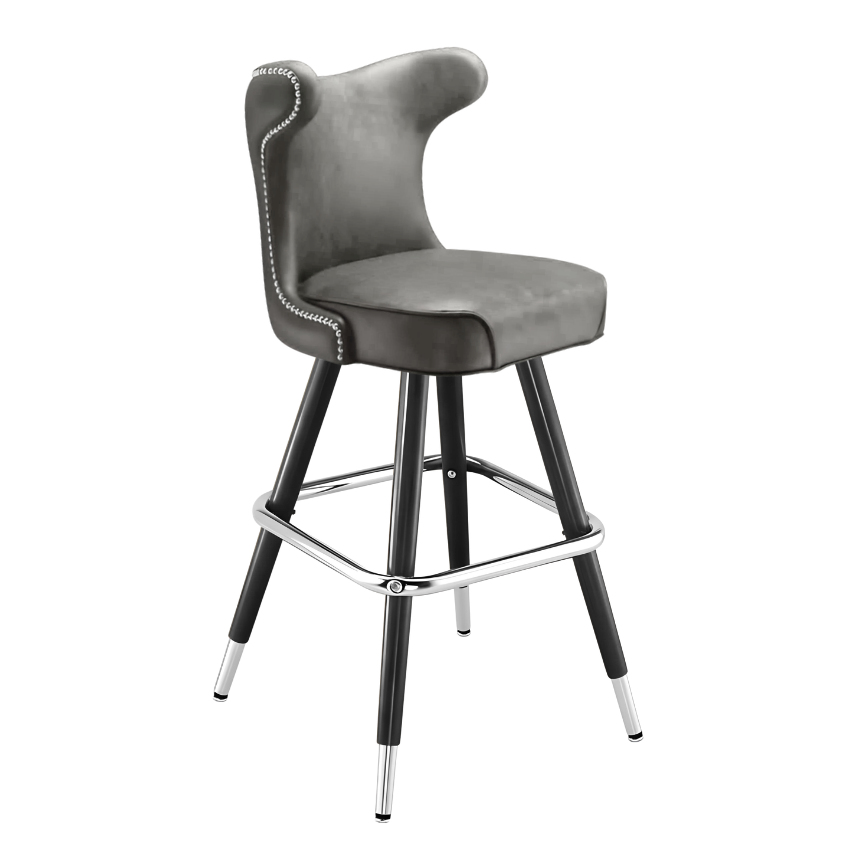 Stone Grey Silverado cowboy bar stool featuring a softly cushioned upholstered seat and a polished black metal frame with Western-inspired lines