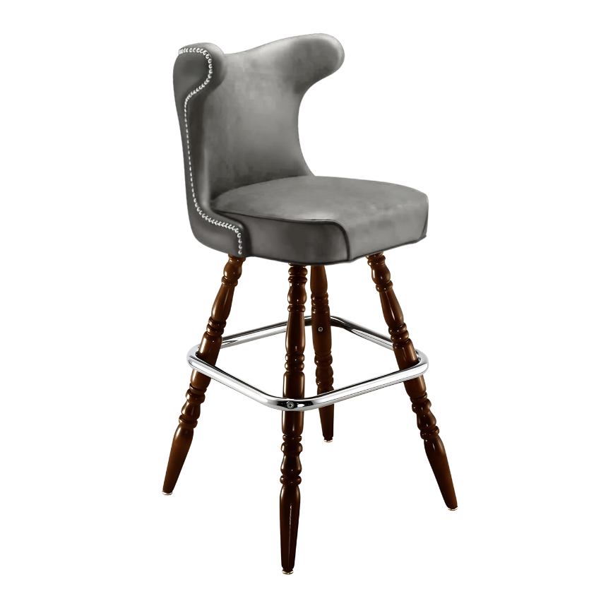 Stone Grey Silverado cowboy bar stool featuring a softly cushioned upholstered seat and a polished wood frame with Western-inspired lines