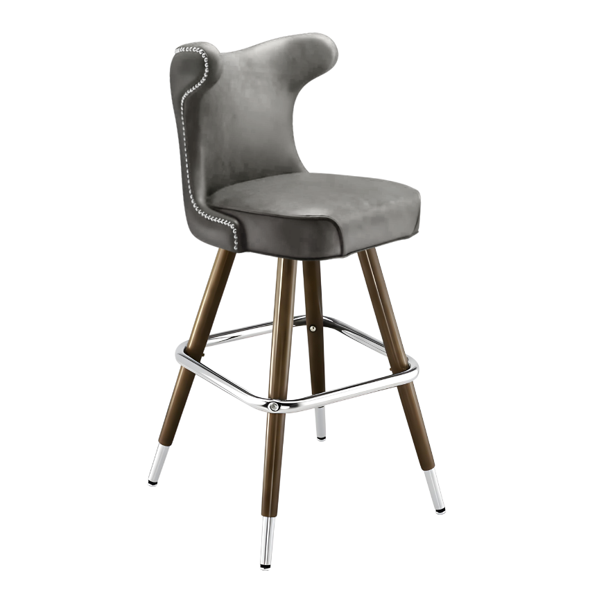 Stone Grey Silverado cowboy bar stool featuring a softly cushioned upholstered seat and a polished wood metal frame with Western-inspired lines