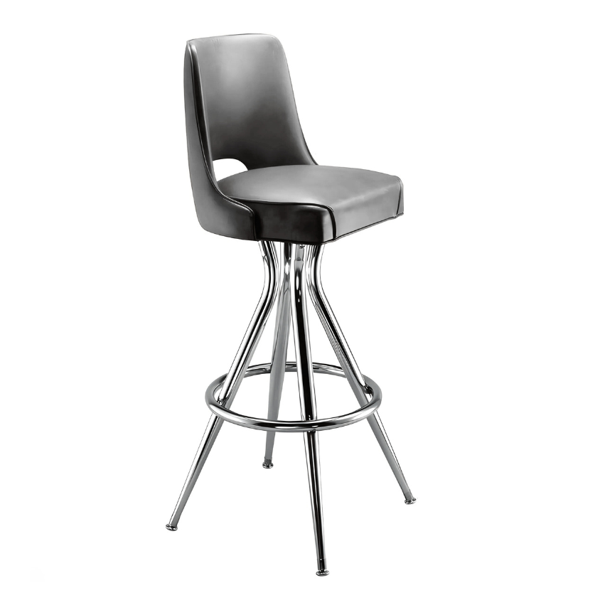 Stone Grey Sterling Bar Stool with a curved upholstered backrest, padded seat, and a sleek chrome frame with a footrest