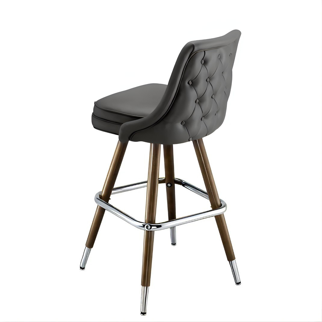 Stone Grey Tufted rolled edge modern bar stool featuring performance upholstery seat diamond buttons with brown metal and silver legs