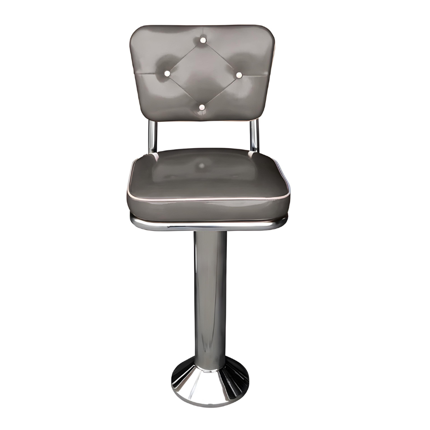 Stone Grey Vanellope bolted chrome  bar stool featuring smooth performance upholstery and a permanent floor-mounted metal base for refined stability