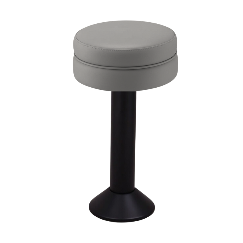 Stone Grey Winslow bolted bar stool featuring a sleek compact seat and a permanent floor-mounted black base for commercial stability