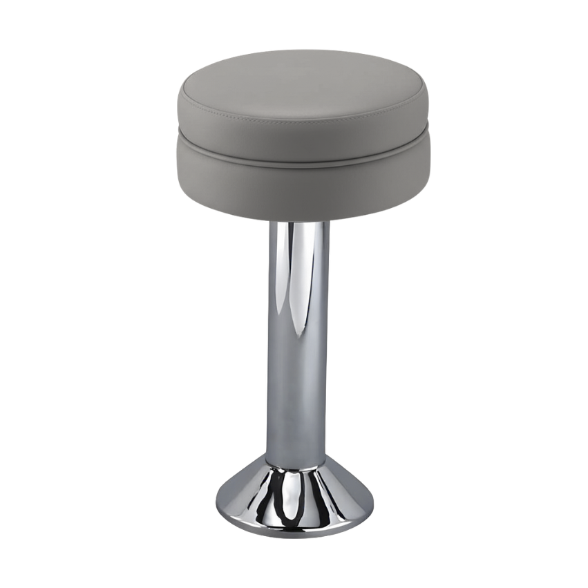 Stone Grey Winslow bolted bar stool featuring a sleek compact seat and a permanent floor-mounted chrome base for commercial stability