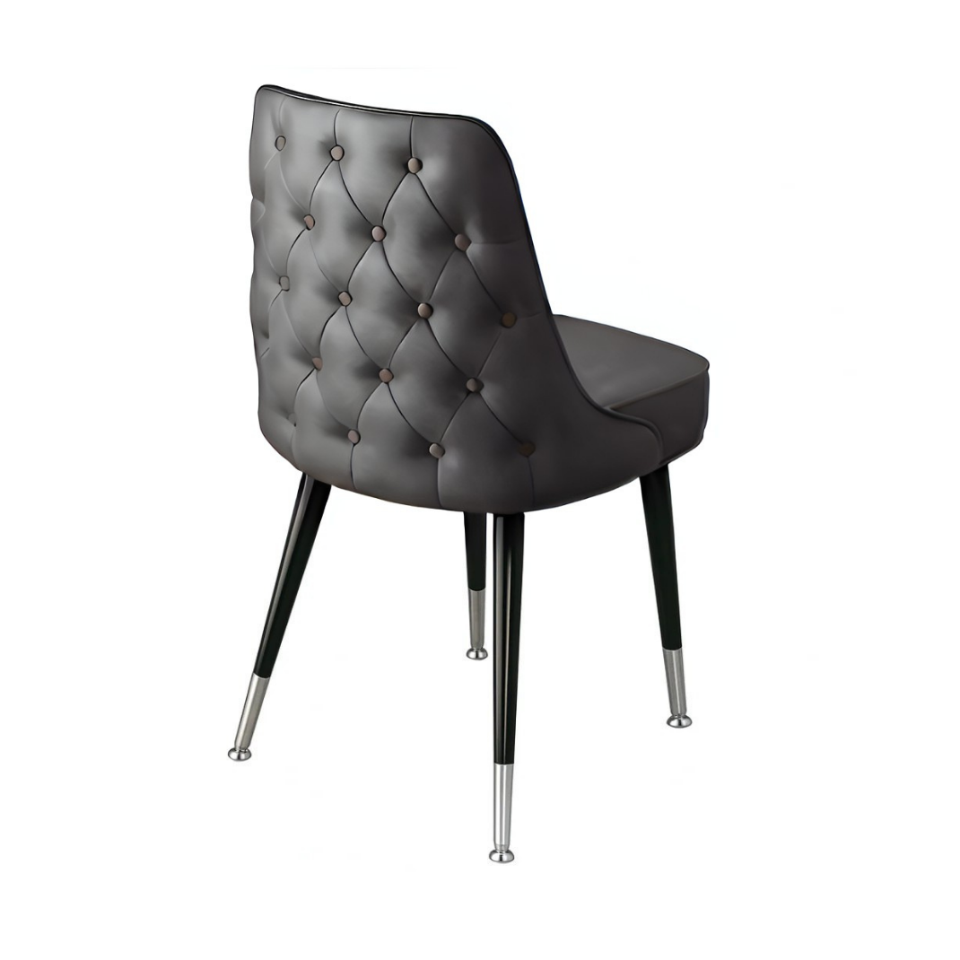 Stone Grey tufted modern Club Chair featuring a low-slung performance upholstery seat and black silver metal legs