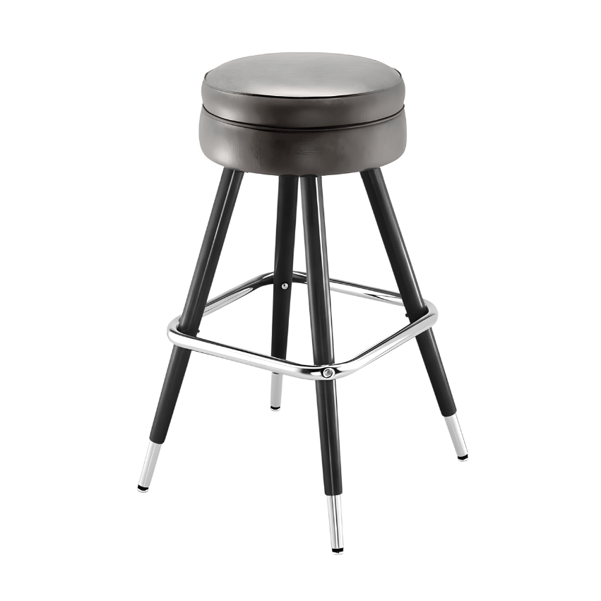 Dark upholstered bar stool with black legs and chrome footrest