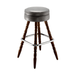 Stone upholstered bar stool with dark brown turned legs and chrome footrest