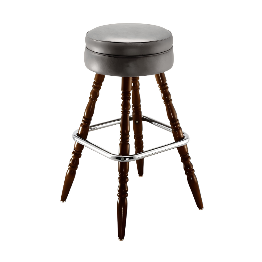 Stone upholstered bar stool with dark brown turned legs and chrome footrest