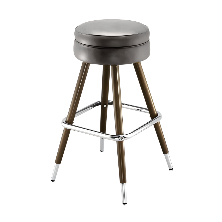Stone upholstered bar stool with brass-toned legs and chrome footrest