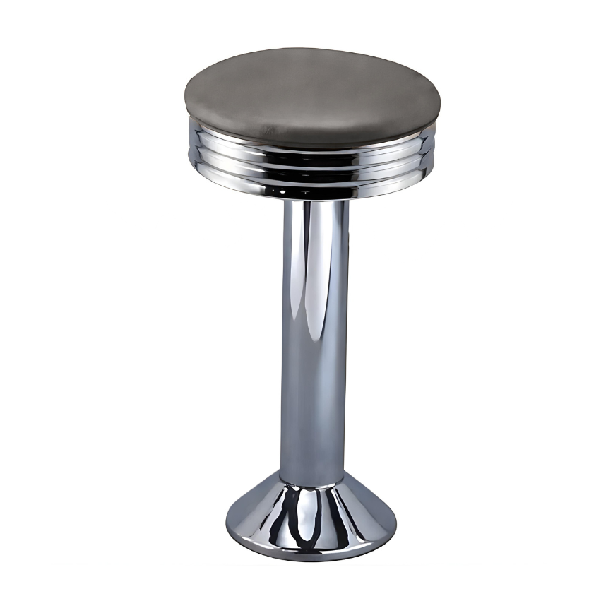 Stone grey chrome Wentworth bolted bar stool featuring a minimal modern seat and a permanent floor-mounted metal base for enduring stability