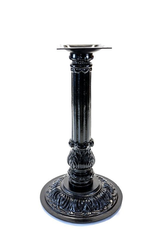 Black cast table base with narrow pedestal column and ornate round base