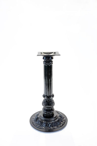 Black cast table base with round pedestal, decorative scroll details, and top mount plate