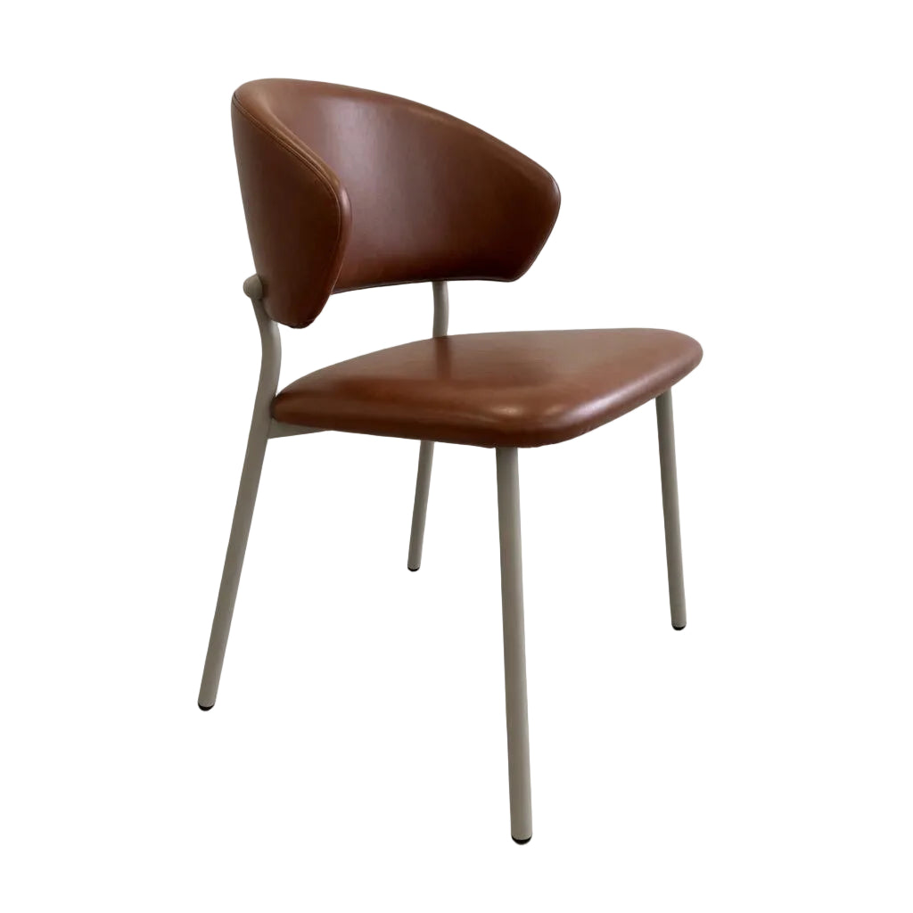 Side chair with brown upholstered seat and rounded backrest, taupe metal legs