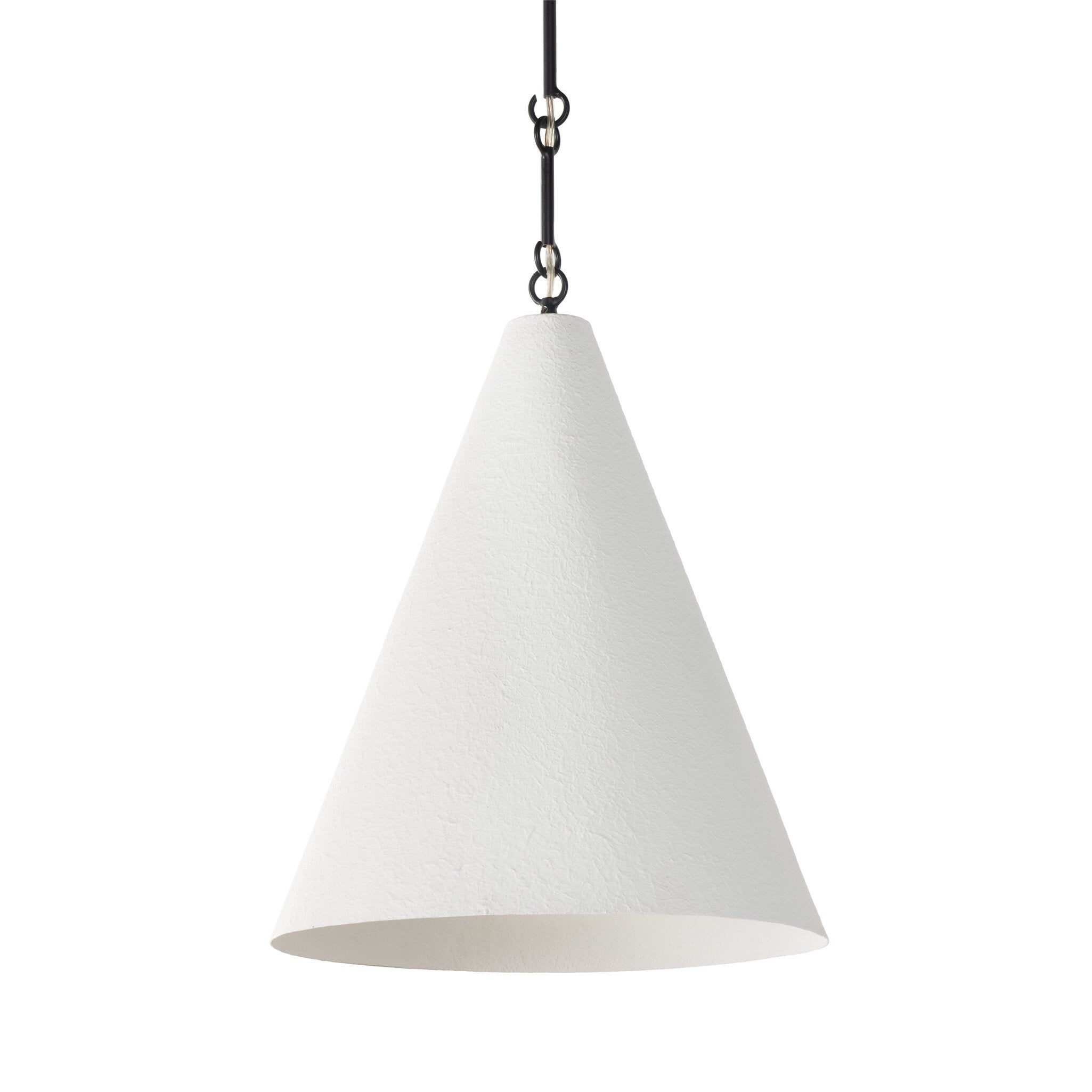 Textured Grazia matte white plaster pendant light with antiqued iron hardware 