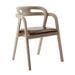 Arm chair with light wood frame, padded seat and back in dark brown, curved armrests
