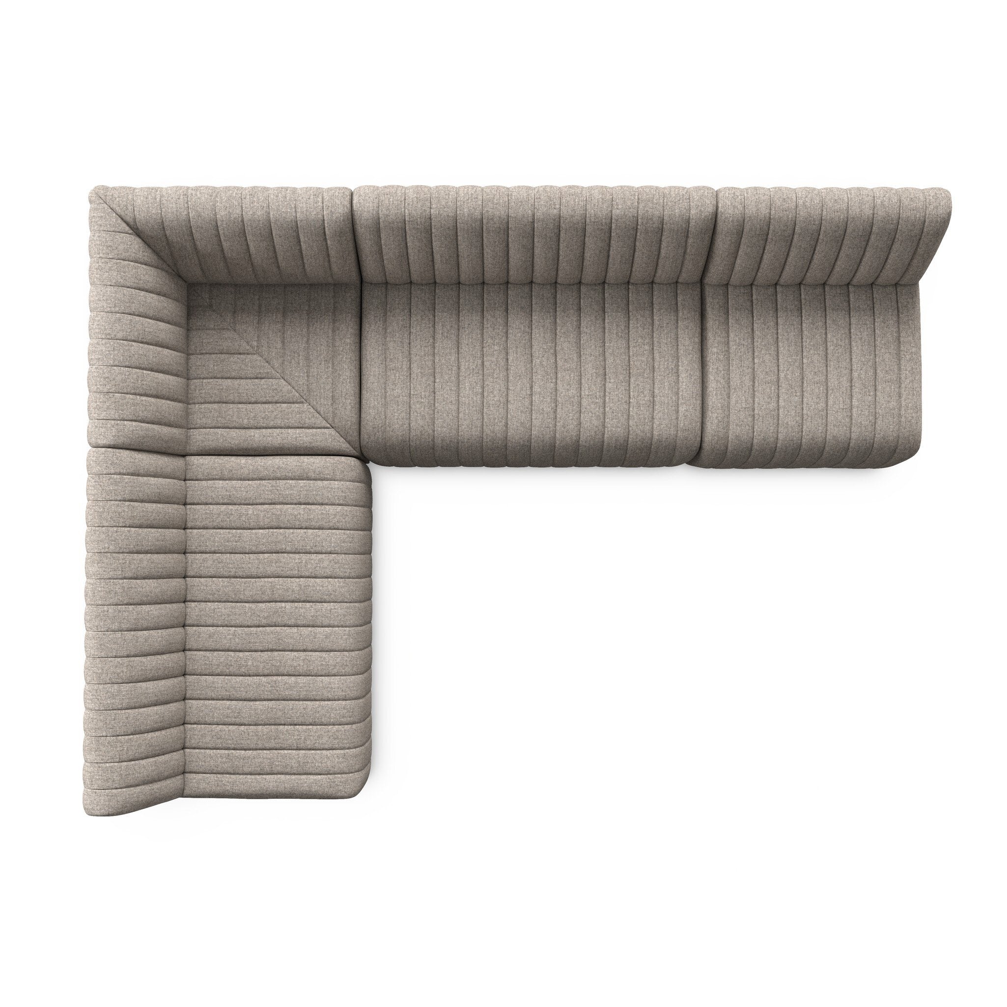Top View Augustine 91.5-inch L-shape Dining Banquette in grey herringbone performance fabric with dramatic vertical channel tufting