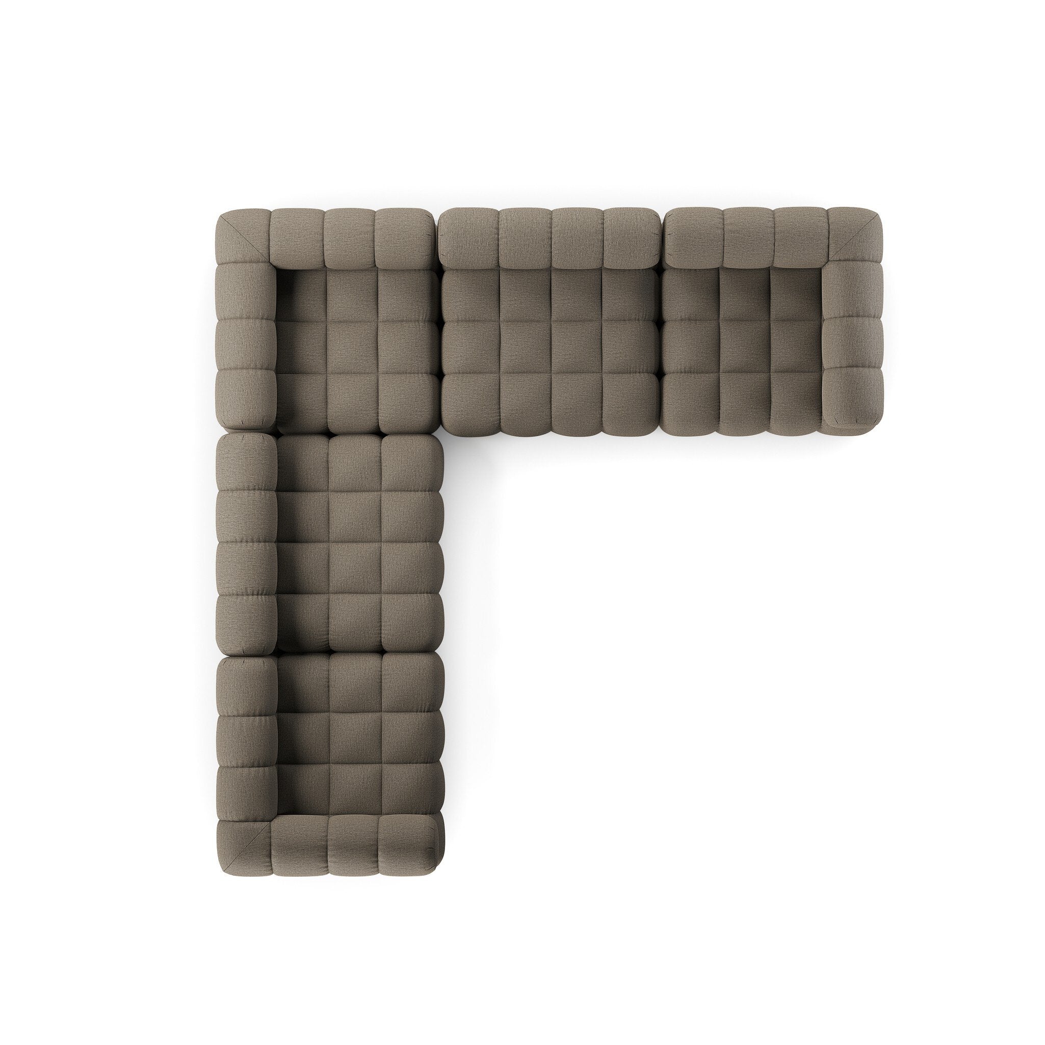 Top view A five-piece sectional sofa with a teak wood base and upholstered in a brown fabric, featuring a modular design.