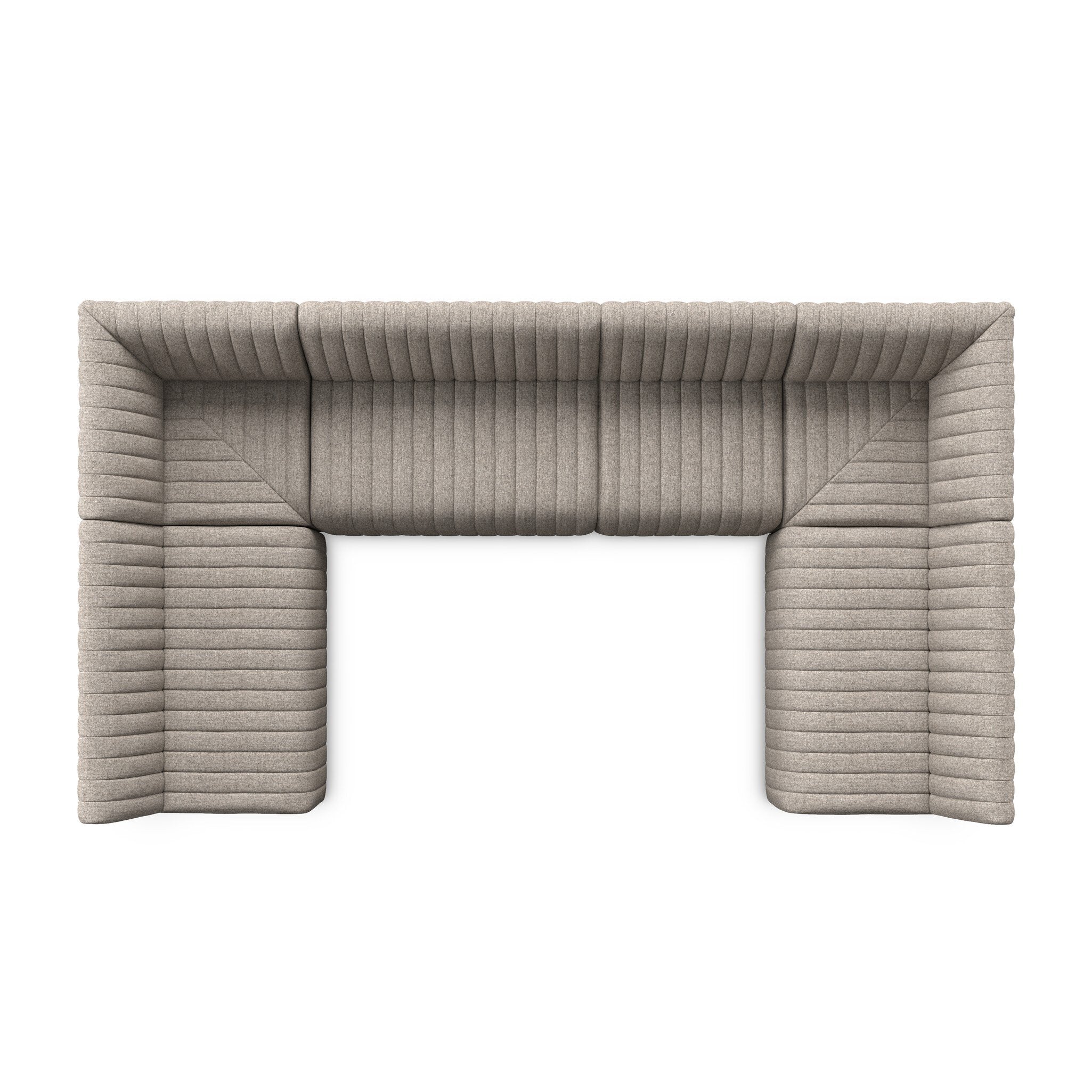 Top view Augustine 119.5-inch U-shape Dining Banquette by Four Hands in grey herringbone performance fabric with dramatic vertical channel tufting