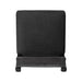 Dark upholstered armless dining chair with rounded back and caster base.