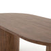 Top view wooden Paden Dining Table in Seasoned Brown Acacia with crescent-shaped legs and an oval tabletop