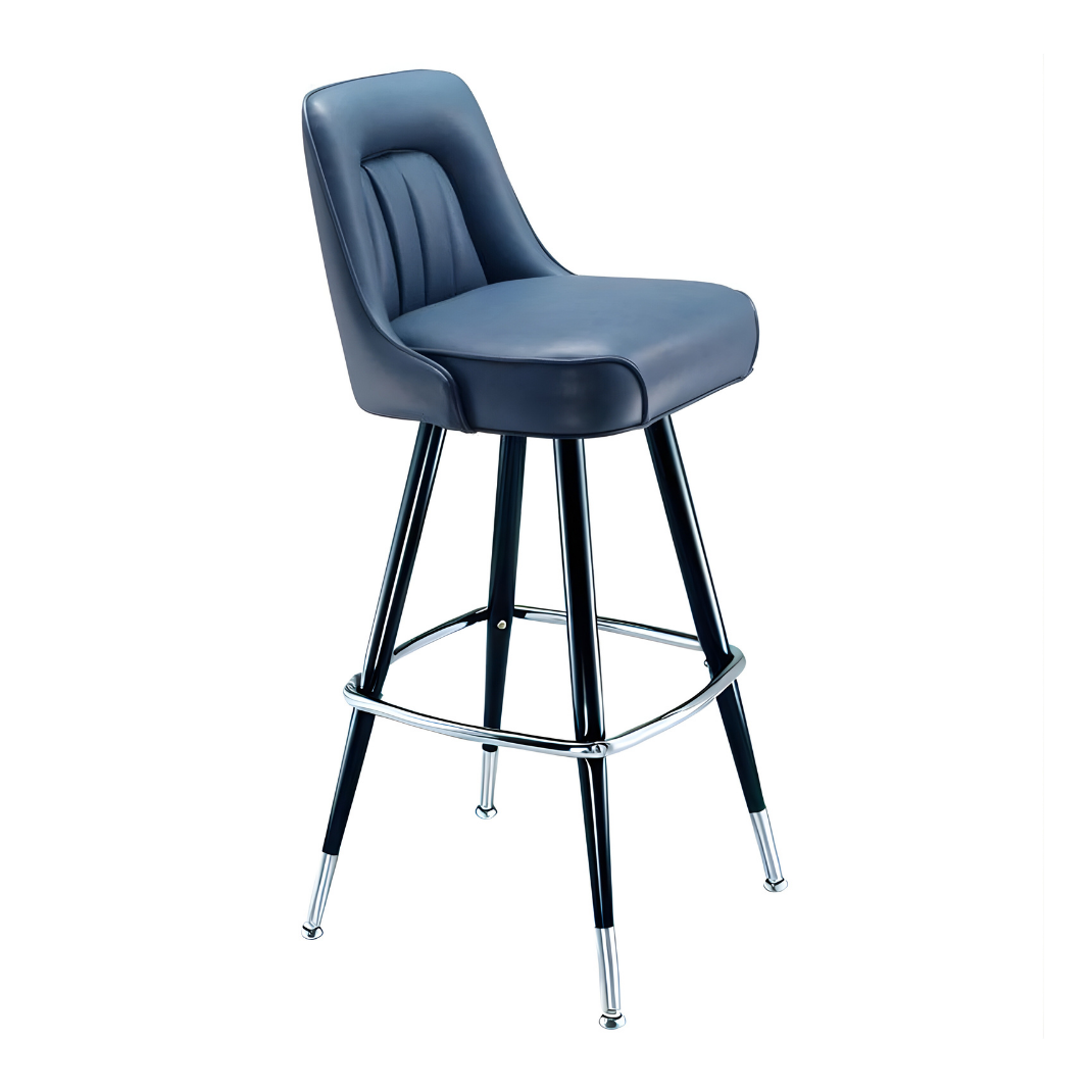 Tufted inner detailing modern bar stool featuring performance upholstery seat with black metal and silver legs
