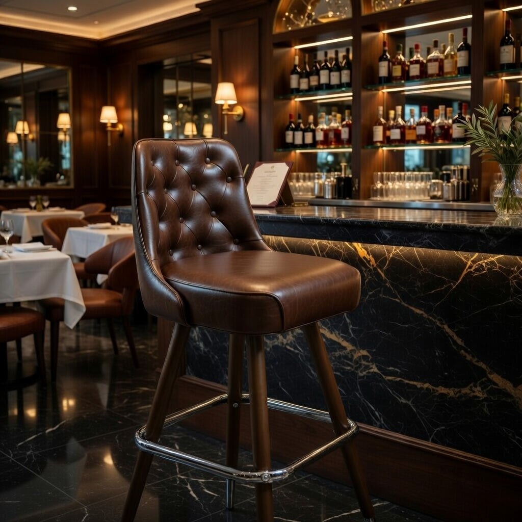 Tufted modern bar stool showcasing a curved upholstered back and clean architectural frame for upscale hospitality use