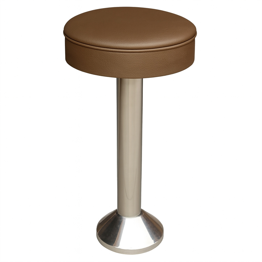 Tufted round modern bar stool featuring performance upholstery seat and silver metal stand