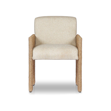 Two-tone textured outdoor dining chair with structured seating and weather-resistant woven base for hospitality