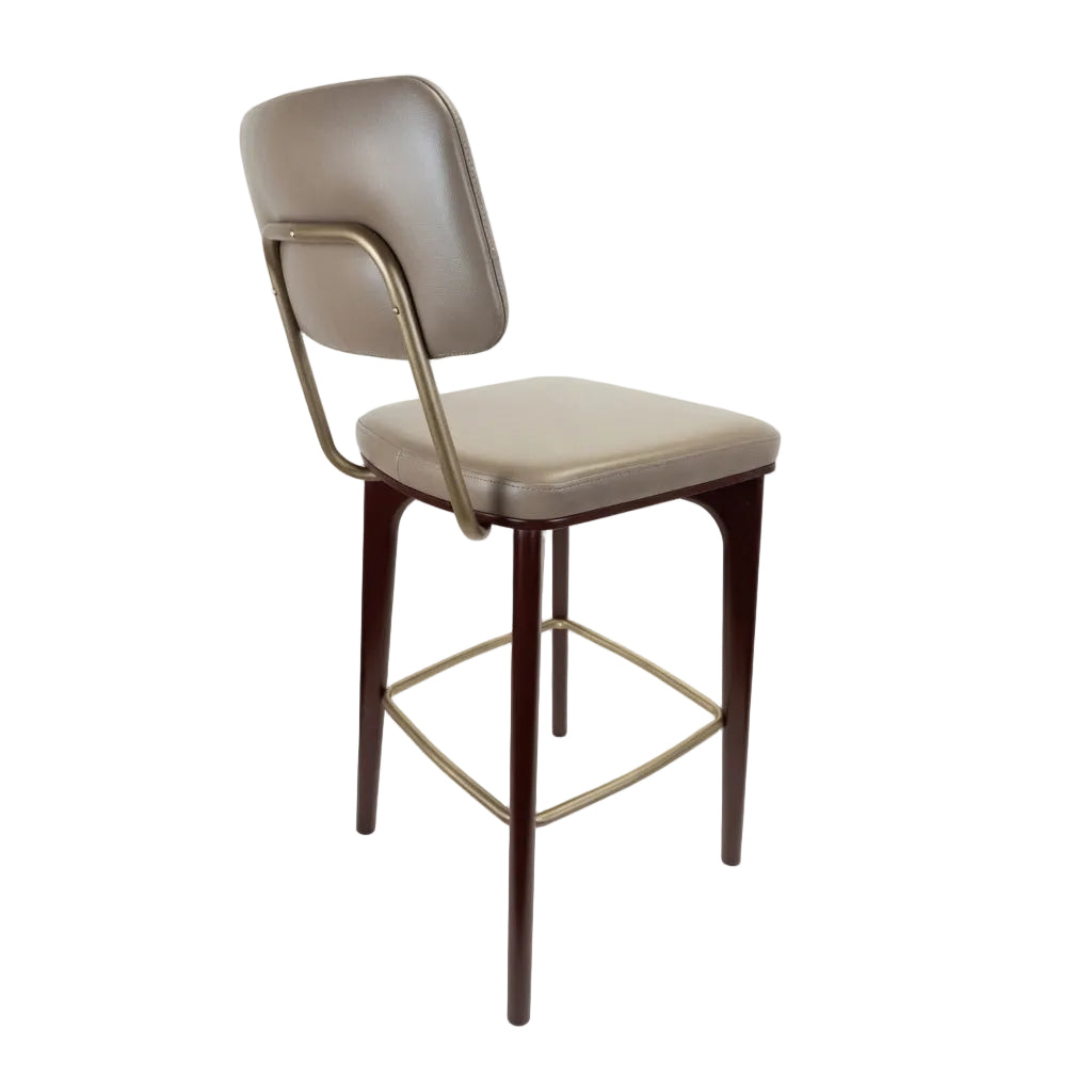 Upholstered bar stool with tufted back and beige seat, curved metal frame and dark wood legs.